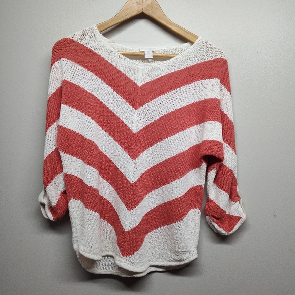 Chico's Knit Sweater Women Size 0 (XS) White Coral Red Stripes 3/4 Sleeve Fall - Picture 1 of 7